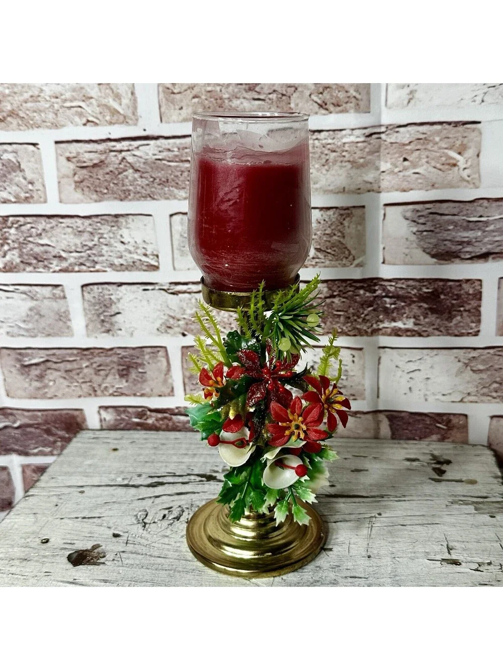 VTG Joybrite 8” Candle Votive Arrangement with Christmas Holly Pine & Bells